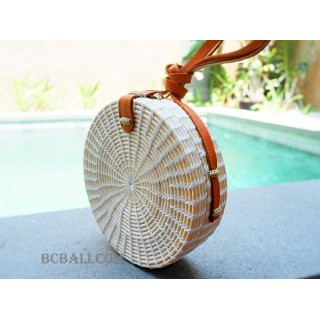 rattan sling bags circle design leather long handle